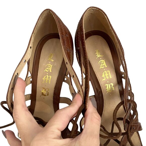 Y2K LAMB Lace Up Wedge Heels Brown Caged Leather Indie Lolita Boho Glam Open - Picture 10 of 12